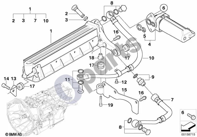 BMW 5 E60 E61 (2004–2010) GS7S47BG pavarų dėžės alyvos aušintuvas schema – pozicija 05: Tarpiklis