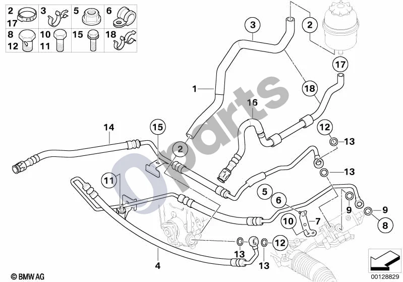 BMW 5 E60 E61 (2004–2010) Hidraulinės vairo sistemos alyvos vamzdžiai (E60) schema – pozicija 01: Siurbimo vamzdis