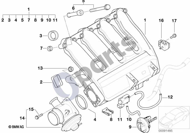 BMW 5 E60 E61 (2004–2010) Įsiurbimo kolektorius su EGR ir sklendės valdymu (M47N2) schema – pozicija 01: Įsiurbimo kolektorius su sklendės valdymu