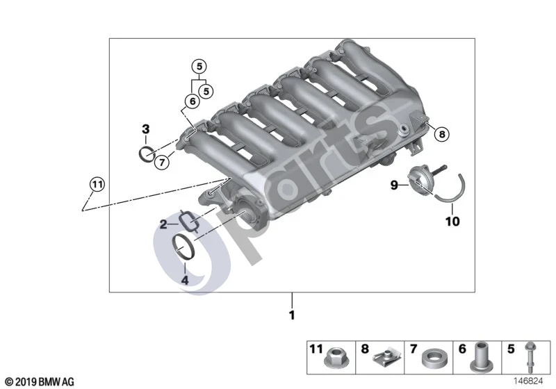 BMW 5 E60 E61 (2004–2010) Įsiurbimo kolektorius – vakuuminis valdymas (M57N) schema – pozicija 04: Guminis sandariklis