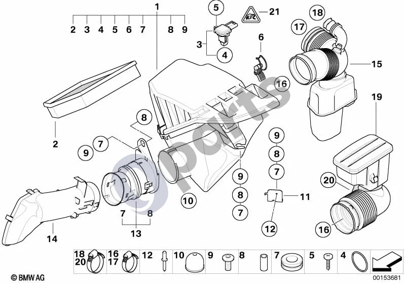 BMW 5 E60 E61 (2004–2010) Įsiurbimo oro duslintuvas / filtro elementas / oro masės matuoklis (HFM, N52) schema – pozicija 19: Guminis gaubtas su rezonatoriumi