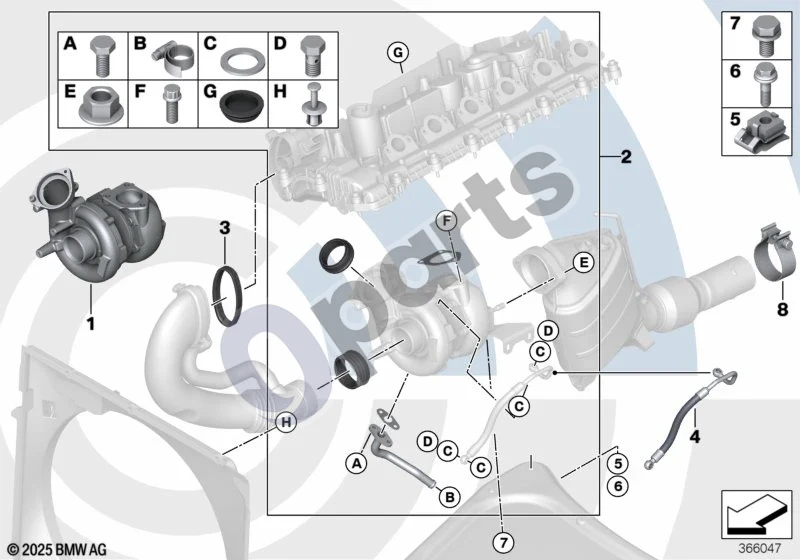 BMW 5 E60 E61 (2004–2010) Išmetamųjų dujų turbokompresorius ir montavimo komplektas Value Line (M57N) schema – pozicija 01: Regeneruotas išmetamųjų dujų turbokompresorius (REMAN)