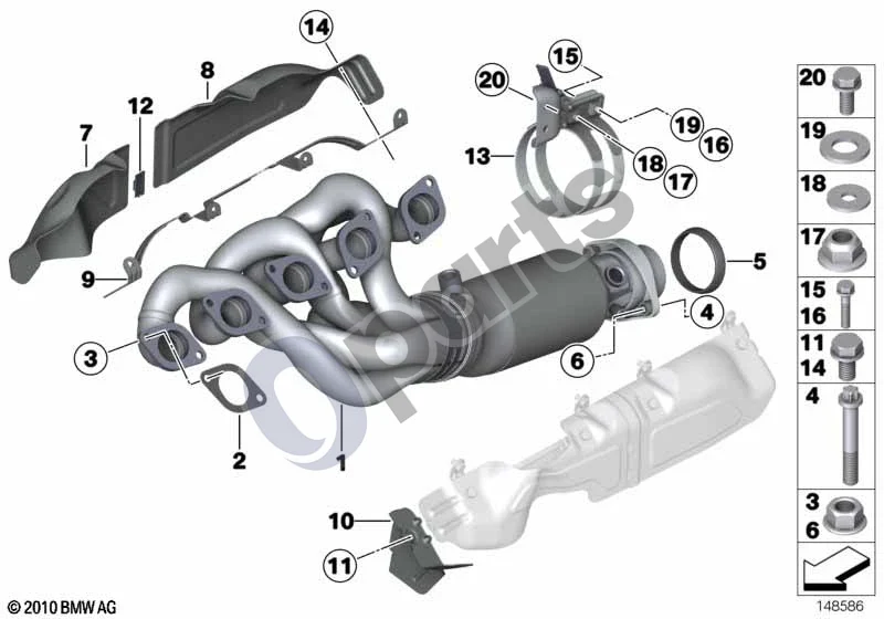 BMW 5 E60 E61 (2004–2010) Išmetimo kolektorius su katalizatoriumi (S85) schema – pozicija 02: Tarpiklis be asbesto