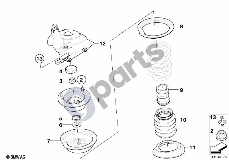 BMW 5 E60 E61 (2004–2010) Kreipiklio atrama/spyruoklės pagalvėlė/tvirtinimo detalės (E60, E60 LCI) schema – pozicija 01: Kreipiklio atrama