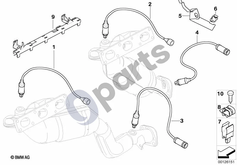 BMW 5 E60 E61 (2004–2010) Lambda zondo tvirtinimo detalės (M54) schema – pozicija 04: Lambda zondo stebėjimo jutiklis (L=990MM)