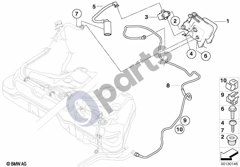 BMW 5 E60 E61 (2004–2010) Aktyvintosios anglies filtras / degalų bako vėdinimas (N54, E60 LCI) schema – pozicija 01: Aktyvintosios anglies filtras