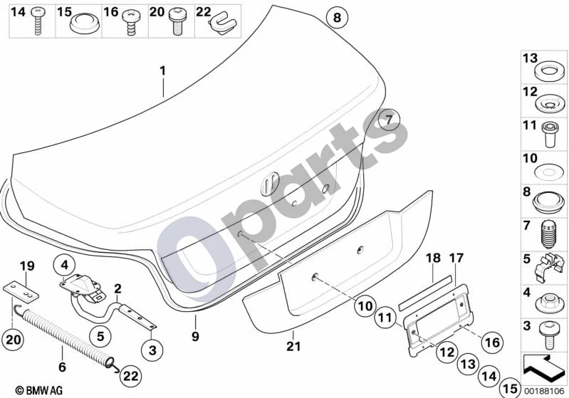 BMW 5 E60 E61 (2004–2010) Atskiros bagažinės dangčio dalys (E60 LCI) schema – pozicija 18: Lipni juosta (95X12X4 MM)