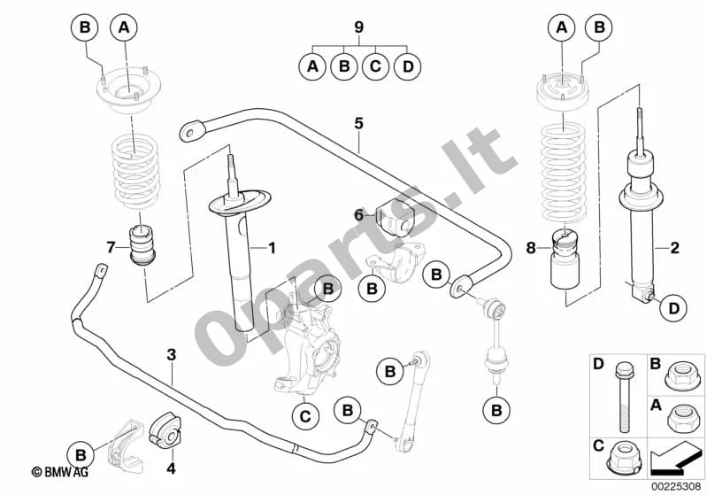 BMW 5 E60 E61 (2004–2010) Atskiros dalys, sportinė pakaba (E60 LCI) schema – pozicija 04: Stabilizatoriaus guminis tvirtinimas (D=25 MM)