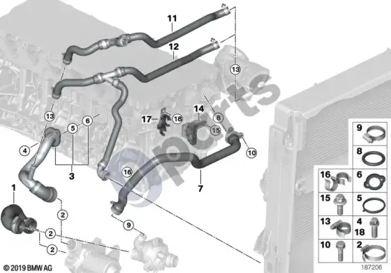BMW 5 E60 E61 aušinimo sistemos vandens žarnos (N52N, E60 LCI) – schema