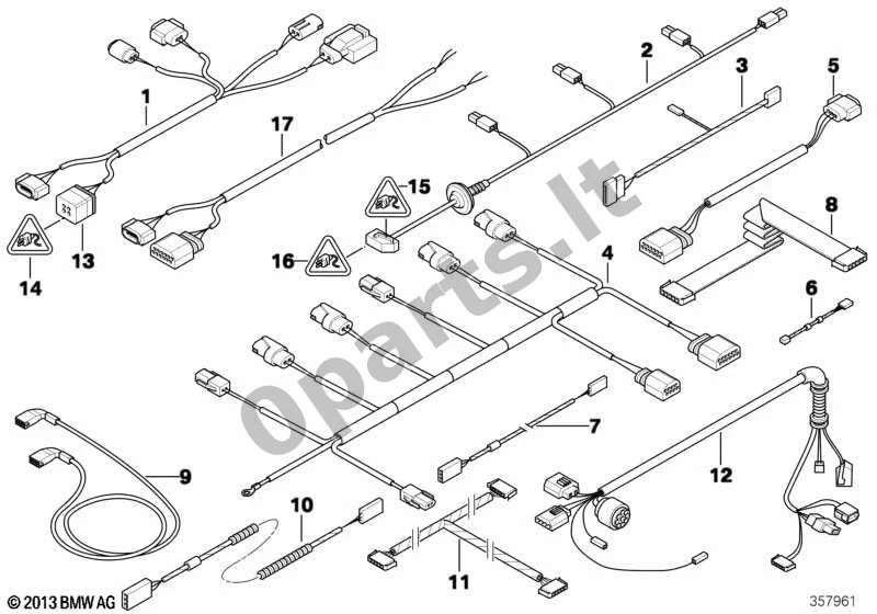 BMW 5 E60 E61 (2004–2010) Įvairūs papildomi laidų komplektai (E60 LCI) schema – pozicija 02: Laidų komplektas, priekinis bamperis