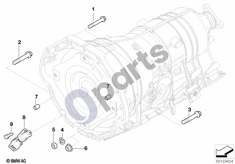 BMW 5 E60 E61 (2004–2010) Pavarų dėžės tvirtinimas (E60 LCI) schema – pozicija 08: Alkūninio veleno apsukų jutiklis