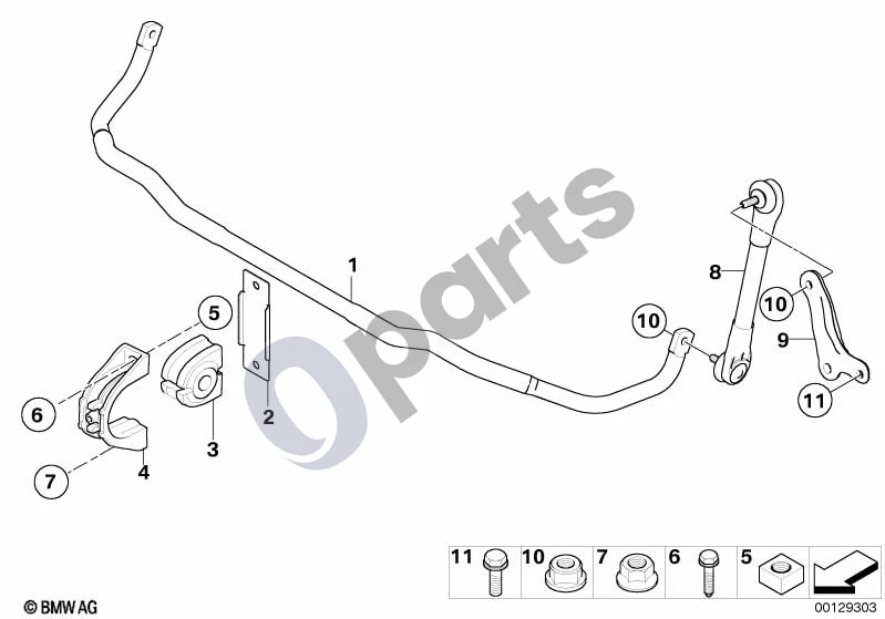 BMW 5 E60 E61 (2004–2010) Priekinis stabilizatorius (E60 LCI) schema – Šešiakampė veržlė su plokštele (M10 ZNS3)