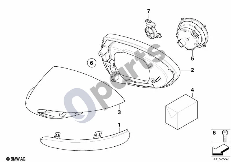 BMW 5 E60 E61 (2004–2010) M išorinio veidrodėlio tvirtinimo detalės (E60) schema – pozicija 02: Atraminis žiedas, gruntuotas, kairysis (M)