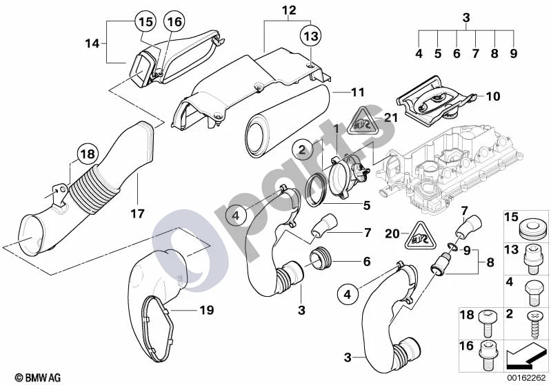BMW 5 E60 E61 (2004–2010) Oro masės srauto jutiklis / įsiurbimo duslintuvas schema – pozicija 01: Plėvelinis oro masės matuoklis