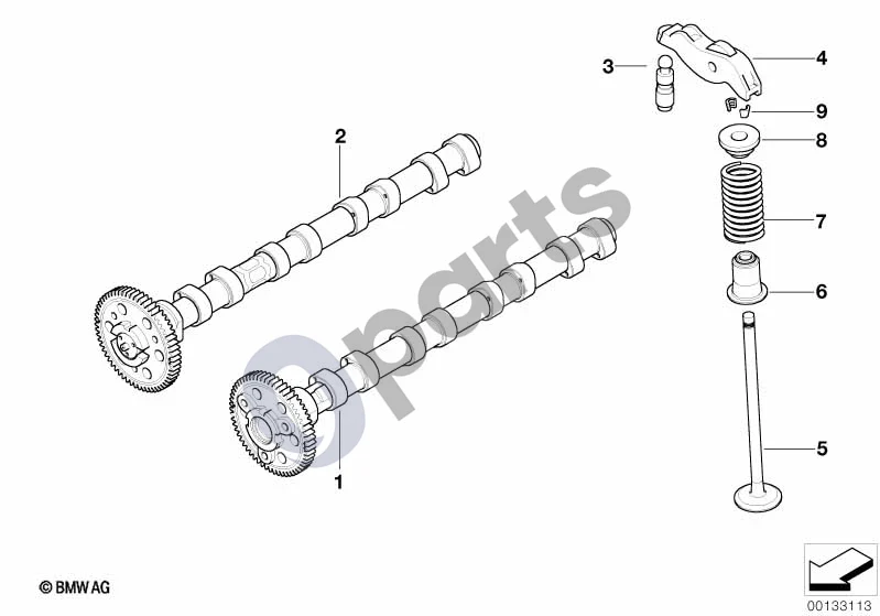 BMW 5 E60 E61 (2004–2010) Paskirstymo mechanizmas ir vožtuvų pavara – skirstomasis velenas (M47N2) schema – pozicija 02: Skirstomojo veleno išleidimas