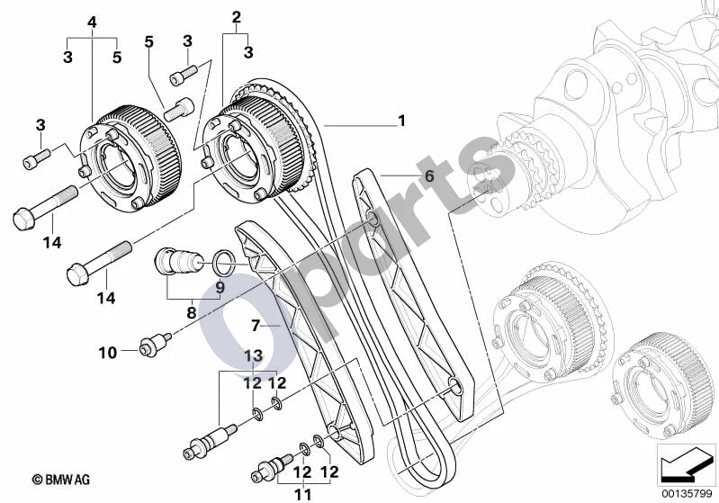 BMW 5 E60 E61 (2004–2010) Paskirstymo pavara, paskirstymo grandinė, cil. 1-5 (S85) schema – pozicija 02: Vanos pavara, įsiurbimo