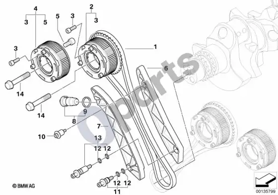 BMW 5 E60 E61 paskirstymo pavara, paskirstymo grandinė, cil. 1-5 (S85) – schema