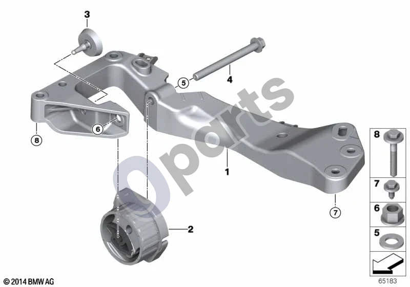 BMW 5 E60 E61 (2004–2010) Pavarų dėžės pakaba, visų ratų pavara schema – pozicija 03: Guminis buferis