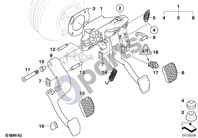 BMW 5 E60 E61 (2004–2010) Pedalai su grąžinimo spyruokle schema – pozicija 03: Stabdžių vakuuminio stiprintuvo sandariklis