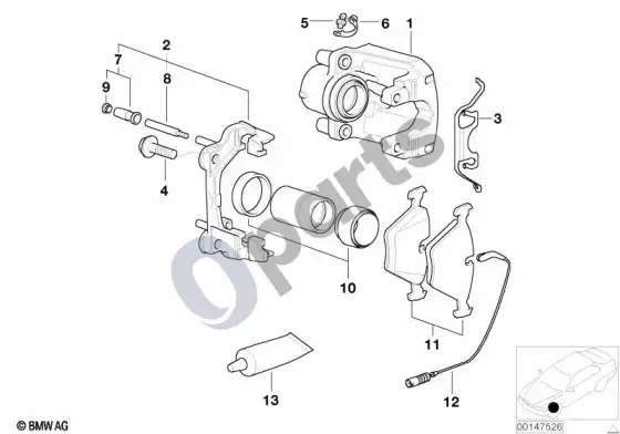 BMW 5 E60 E61 priekinio rato stabdys, stabdžių trinkelių jutiklis (E60) – schema