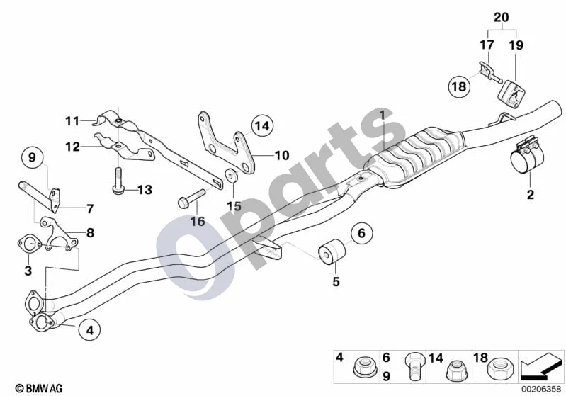 BMW 5 E60 E61 (2004–2010) Priekinis duslintuvas (M54, E60) schema – pozicija 11: Priekinio vamzdžio laikiklis