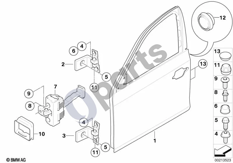BMW 5 E60 E61 (2004–2010) Priekinių durų vyris / durų ribotuvas schema – pozicija 03: Kairysis apatinis priekinių durų vyris