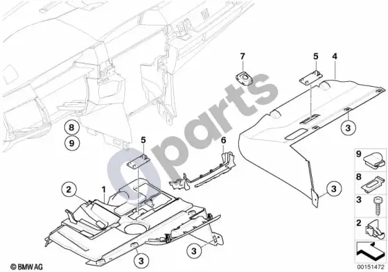 BMW 5 E60 E61 prietaisų skydelio tvirtinimo detalės, apatinės (E60) – schema