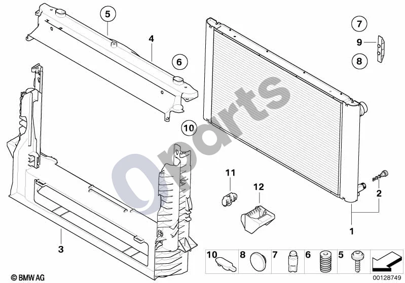 BMW 5 E60 E61 (2004–2010) Radiatoriaus tvirtinimo detalės (M57N, E60) schema – pozicija 01: Radiatorius
