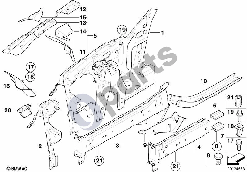 BMW 5 E60 E61 (2004–2010) Ratų arka/variklio atrama schema – pozicija 02: Kairio sustiprinimo dalis (BASIS)