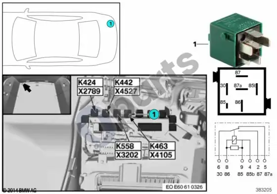 BMW 5 E60 E61 relė, radijo signalas / garso signalas K463 – schema