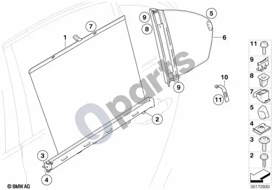 BMW 5 E60 E61 ritininė galinių durų saulės užuolaida (E60) – schema