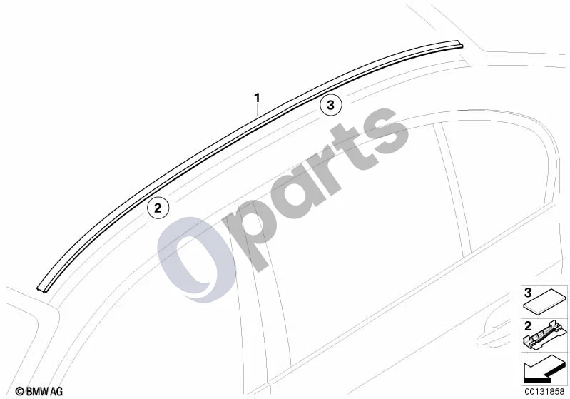 BMW 5 E60 E61 (2004–2010) Stogo apdailos profilis / stogo bėgelis (E60, E60 LCI) schema – pozicija 01: Kairysis dažytas stogo apdailos profilis (CODE - UNI/MET.)
