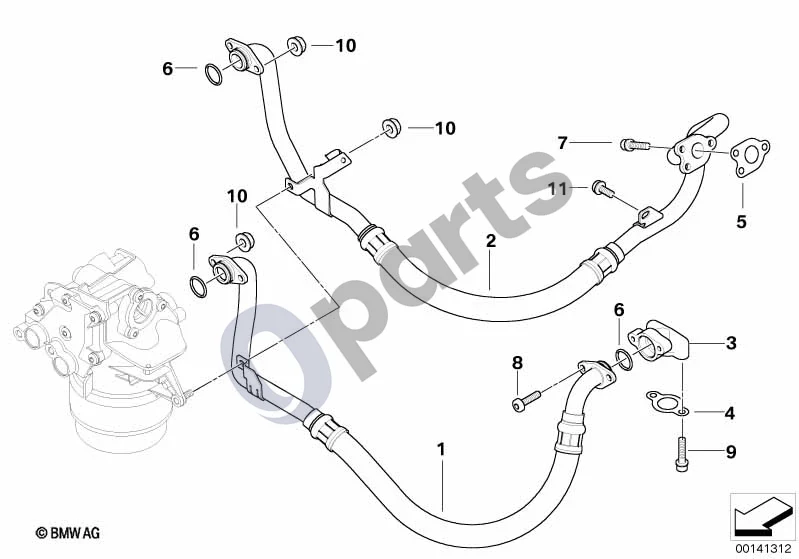BMW 5 E60 E61 (2004–2010) Tepimo sistema – alyvos filtras, alyvos vamzdžiai (S85) schema – pozicija 01: Slėgio žarna, įleidimo pusės, komplektas