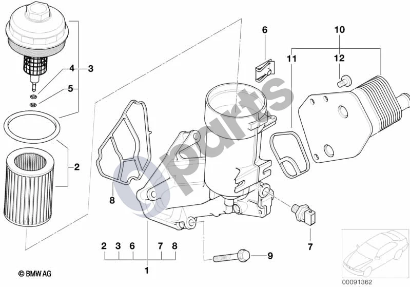 BMW 5 E60 E61 (2004–2010) Tepimo sistema – alyvos filtras, šilumokaitis (M47N2) schema – pozicija 03: Alyvos filtro dangtelis