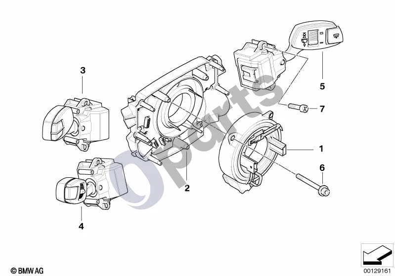 BMW 5 E60 E61 (2004–2010) Vairo kolonėlės jungiklis / valdymo blokas (E60) schema – pozicija 02: Vairo kolonėlės jungiklių blokas