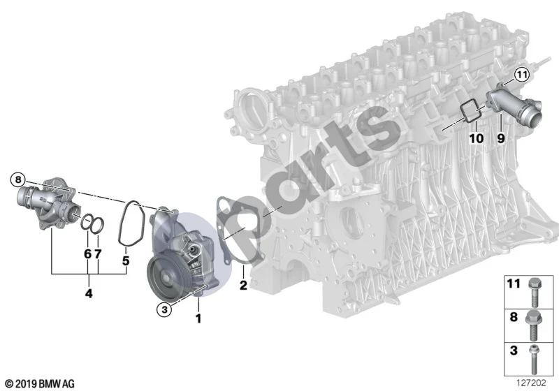 BMW 5 E60 E61 (2004–2010) Vandens siurblys - termostatas (M47N2) schema – pozicija 10: Profilinis tarpiklis