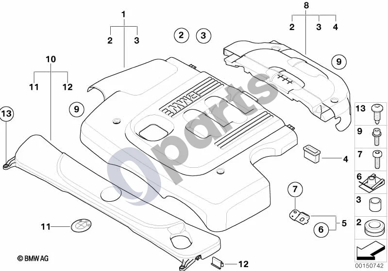 BMW 5 E60 E61 (2004–2010) Variklio akustika (M47N2) schema – pozicija 03: Įvorė