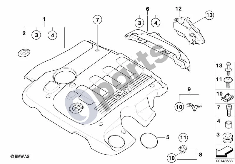 BMW 5 E60 E61 (2004–2010) Variklio akustika (M57N) schema – pozicija 12: Slėgio reguliavimo vožtuvo garso izoliacinis gaubtas