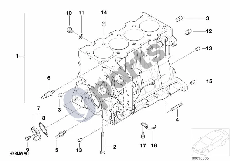 BMW 5 E60 E61 (2004–2010) Variklio blokas (M47N2) schema – pozicija 16: Alyvos purškimo purkštukas