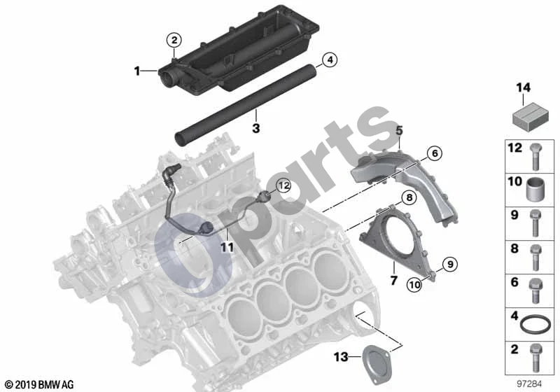 BMW 5 E60 E61 (2004–2010) Variklio bloko tvirtinimo detalės (N62) schema – pozicija 01: Dangtelis su sandarikliu