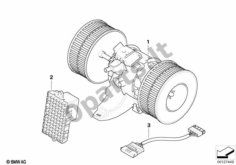 BMW 5 E60 E61 (2004–2010) Ventiliatoriaus blokas / tvirtinimo detalės schema – pozicija 01: Ventiliatoriaus blokas
