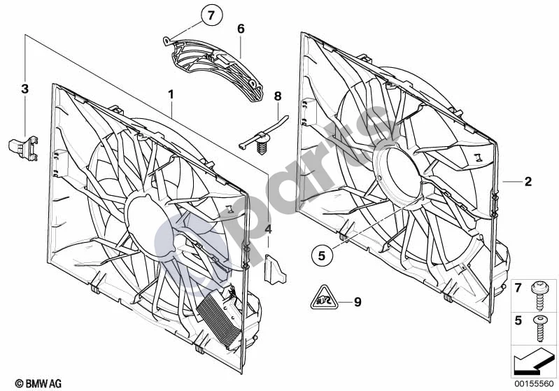 BMW 5 E60 E61 (2004–2010) Ventiliatoriaus gaubtas, tvirtinimo detalės (S85) schema – pozicija 03: Ventiliatoriaus gaubto laikiklis