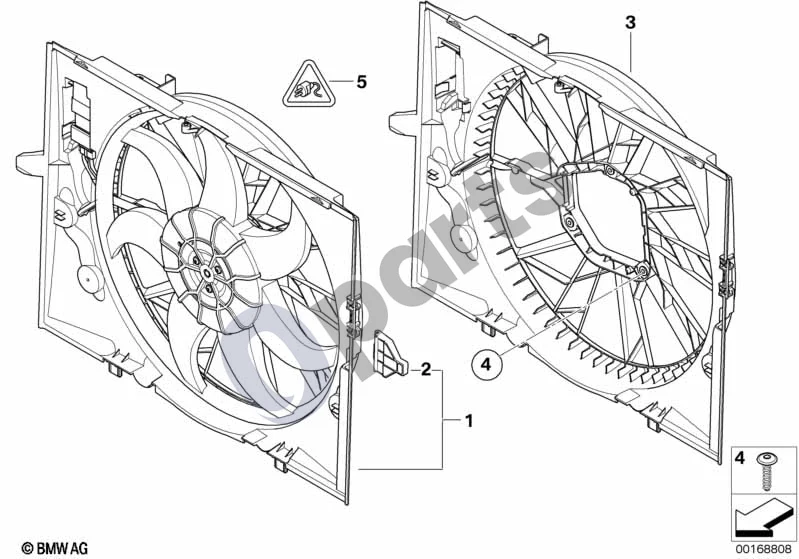 BMW 5 E60 E61 (2004–2010) Ventiliatoriaus gaubtas / ventiliatorius (M54) schema – pozicija 01: Ventiliatoriaus gaubtas su ventiliatoriumi (400W)
