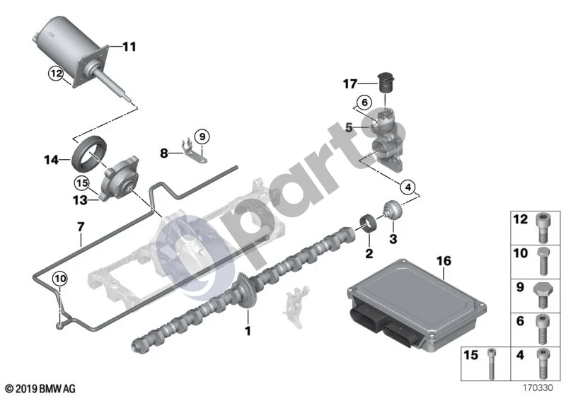 BMW 5 E60 E61 (2004–2010) Vožtuvų fazių keitiklis, ekscentrinis velenas, vykdymo mechanizmas (N62) schema – pozicija 11: Vykdiklis
