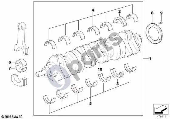 BMW 5 E60 E61 alkūninis velenas su guolių įdėklais (M54, E61) – schema
