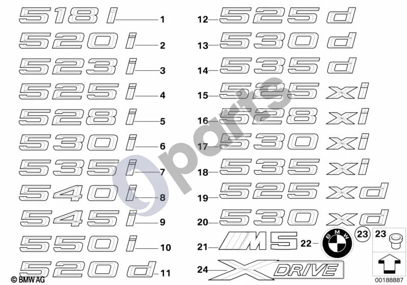 BMW 5 E60 E61 (2004–2010) Emblemos / užrašai (E60 LCI, E61 LCI) schema – pozicija 22: Lentelė (Ø 82MM)