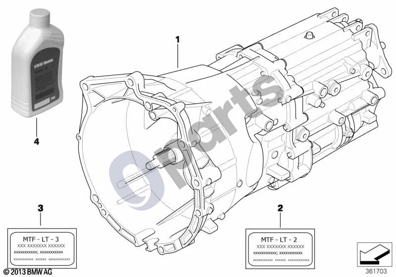BMW 5 E60 E61 (2004–2010) Mechaninė pavarų dėžė GS6-37BZ/DZ (E60 LCI, E61 LCI) schema – pozicija 01: REMAN 6 pakopų pavarų dėžė (GS6-37DZ - TJEM)
