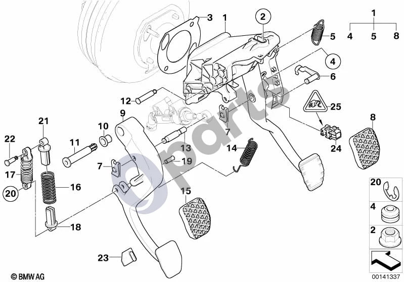 BMW 5 E60 E61 (2004–2010) Pedalų mazgas su pagalbine perlenkimo spyruokle (E60 LCI, E61 LCI) schema – pozicija 17: Sustiprinta gniuždomoji spyruoklė