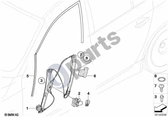 BMW 5 E60 E61 priekinis durų stiklo pakėlimo mechanizmas (E61 LCI, E60 LCI) – schema