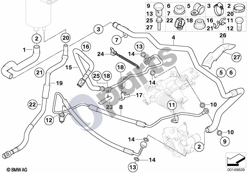 BMW 5 E60 E61 (2004–2010) Vairo stiprintuvo alyvos vamzdis / aktyvusis vairas (N62N, E60 LCI, E61 LCI) schema – pozicija 01: Siurbimo vamzdis (I)